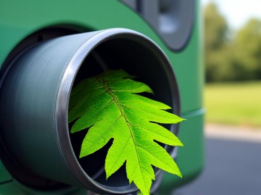 A green leaf superimposed on a coach's exhaust pipe