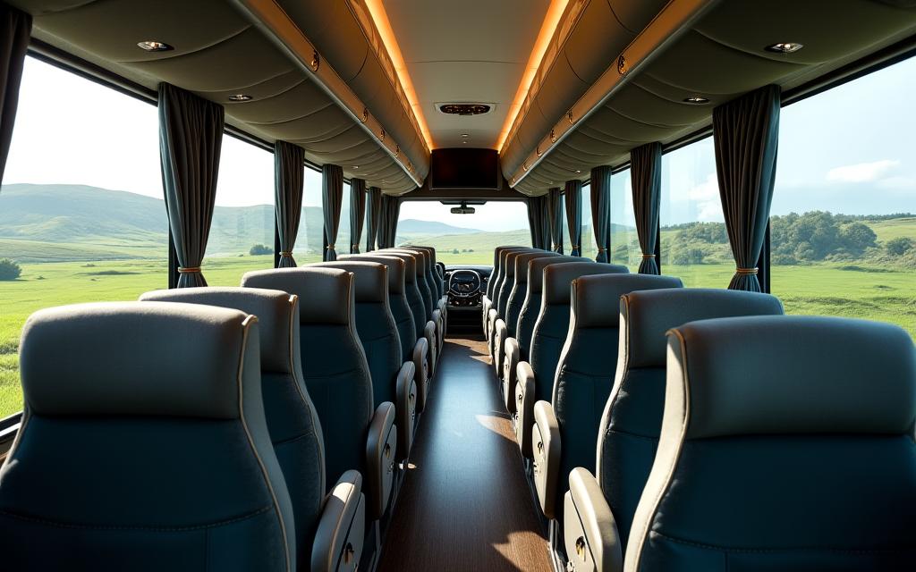 Interior of a luxury tour coach with plush seating