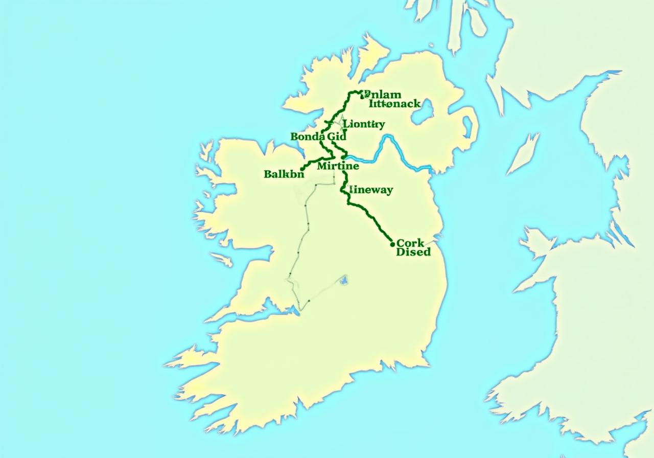 A stylized map of Ireland showing EmeraldWay Coaches' main routes between Dublin, Cork, Galway, Limerick, and Belfast.