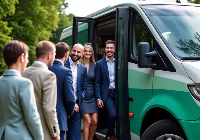 A group of people boarding a private charter coach for an event